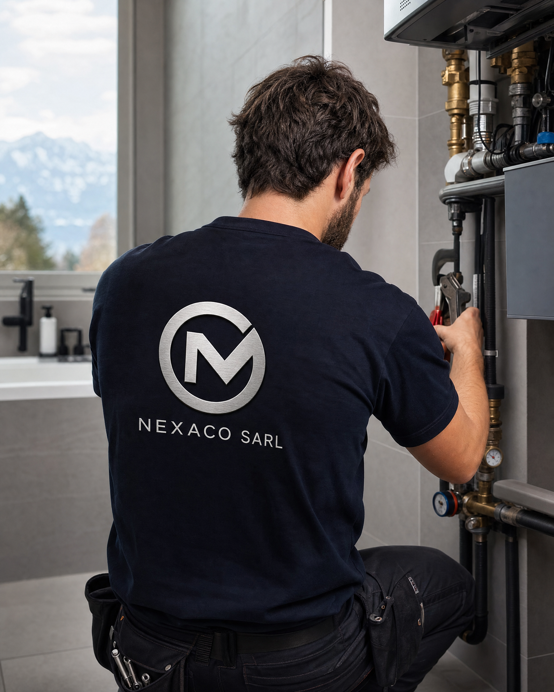 Technicien NEXACO Sàrl de dos avec le logo sur le t-shirt