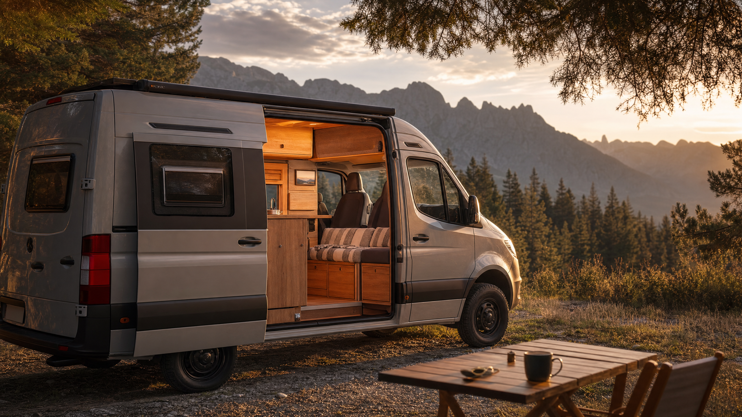 Van aménagé garé face à la montagne au coucher du soleil