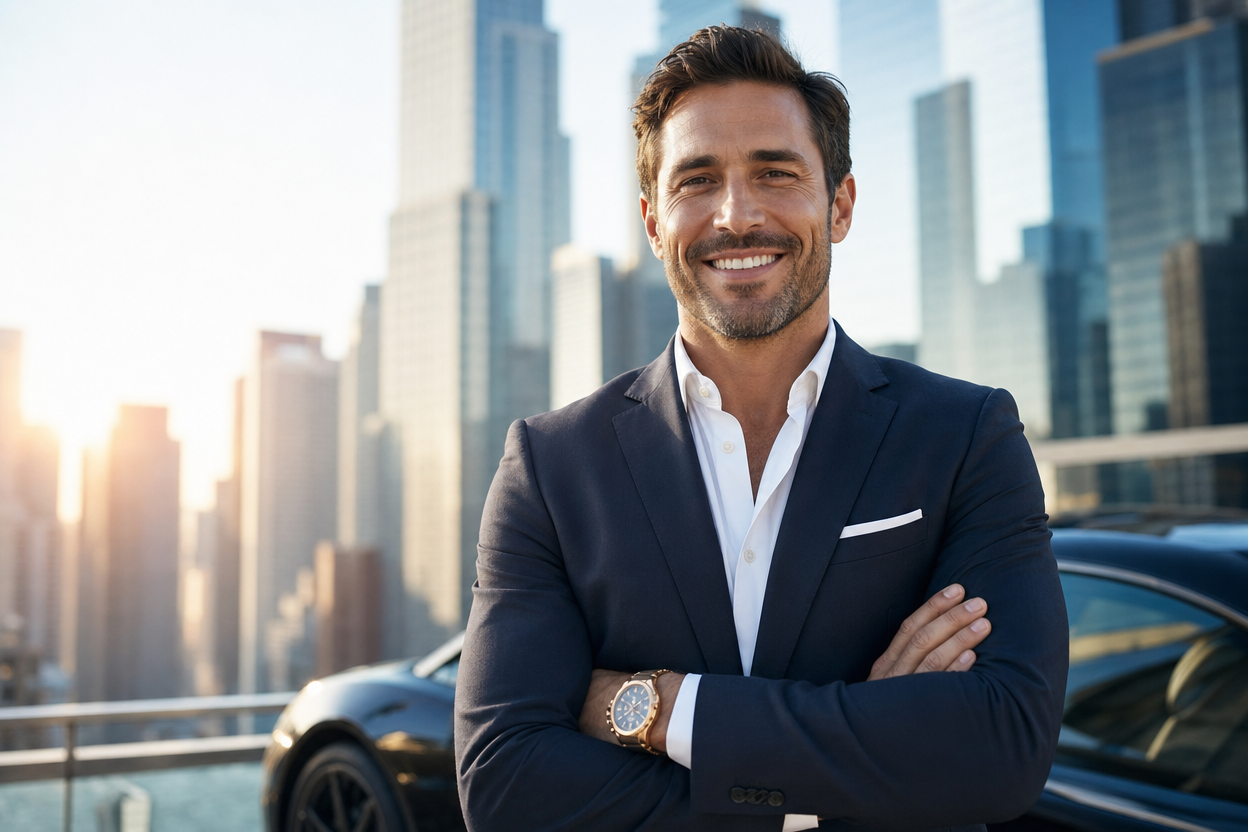 Confident professional smiling in an urban setting