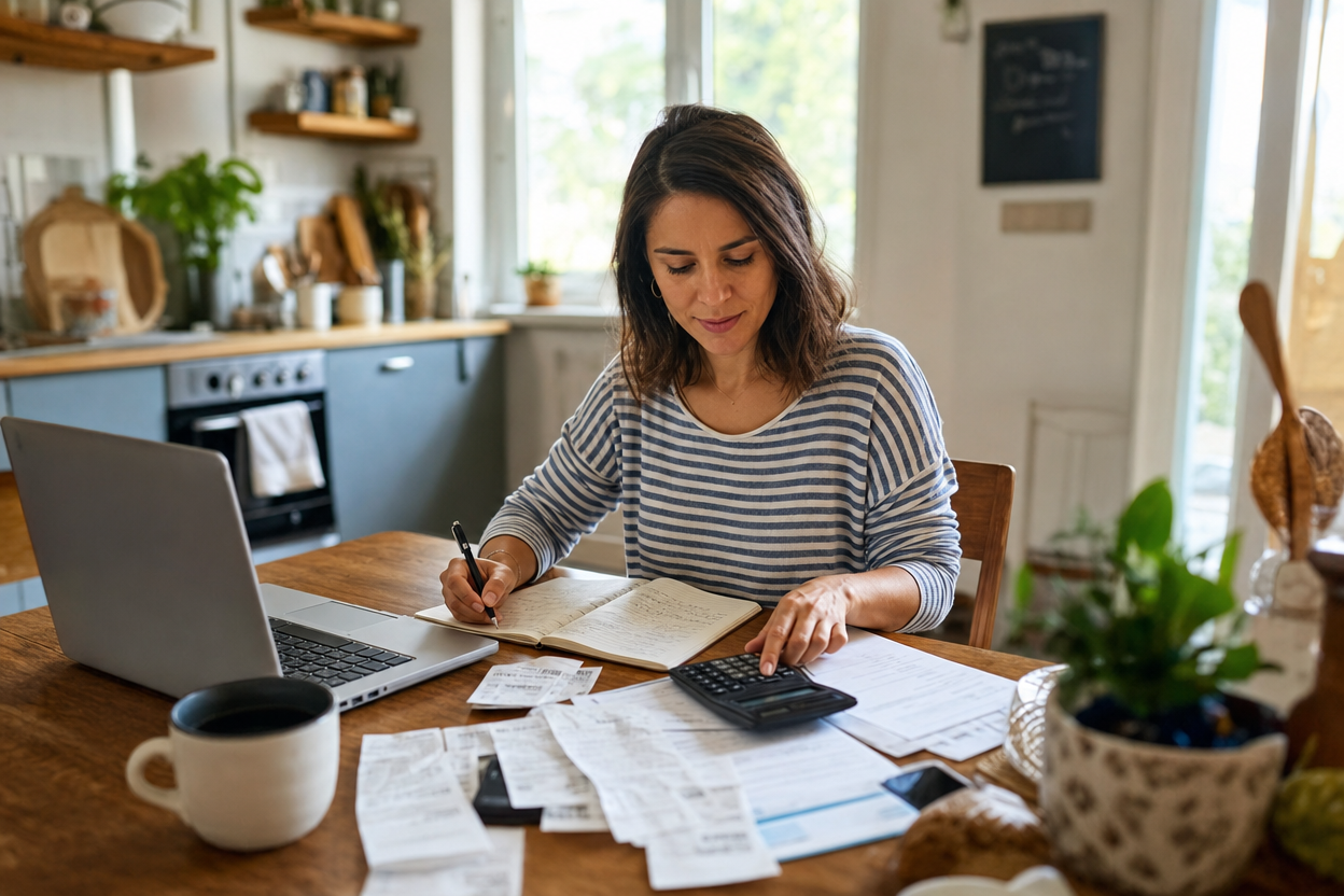 Woman budgeting at a kitchen table with a laptop