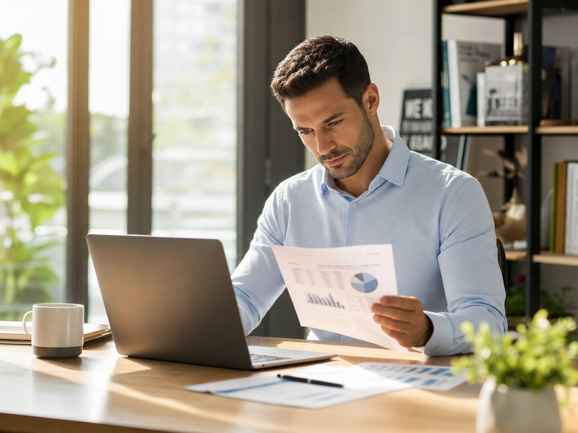 Professional reviewing financial documents at a desk