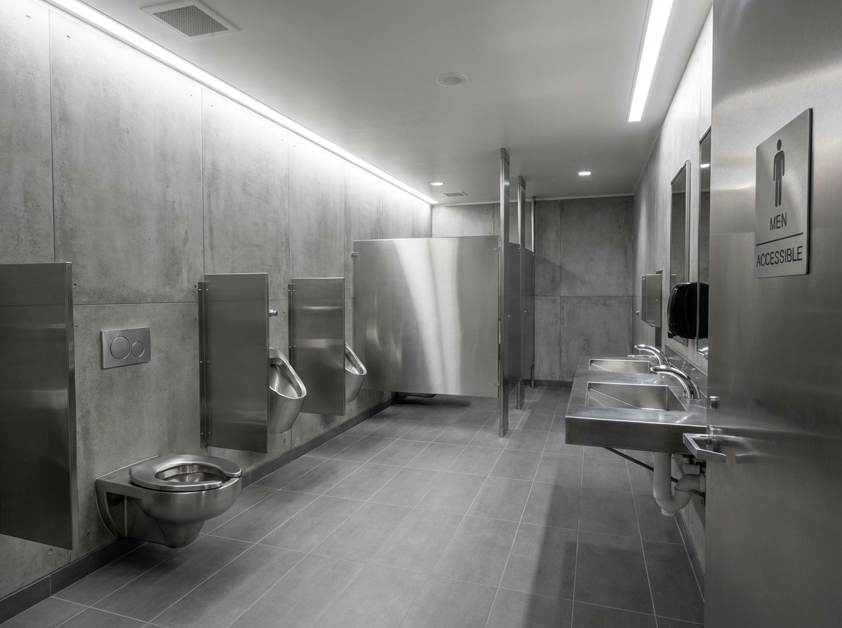 Banheiro público com instalação completa de sanitários em aço inox