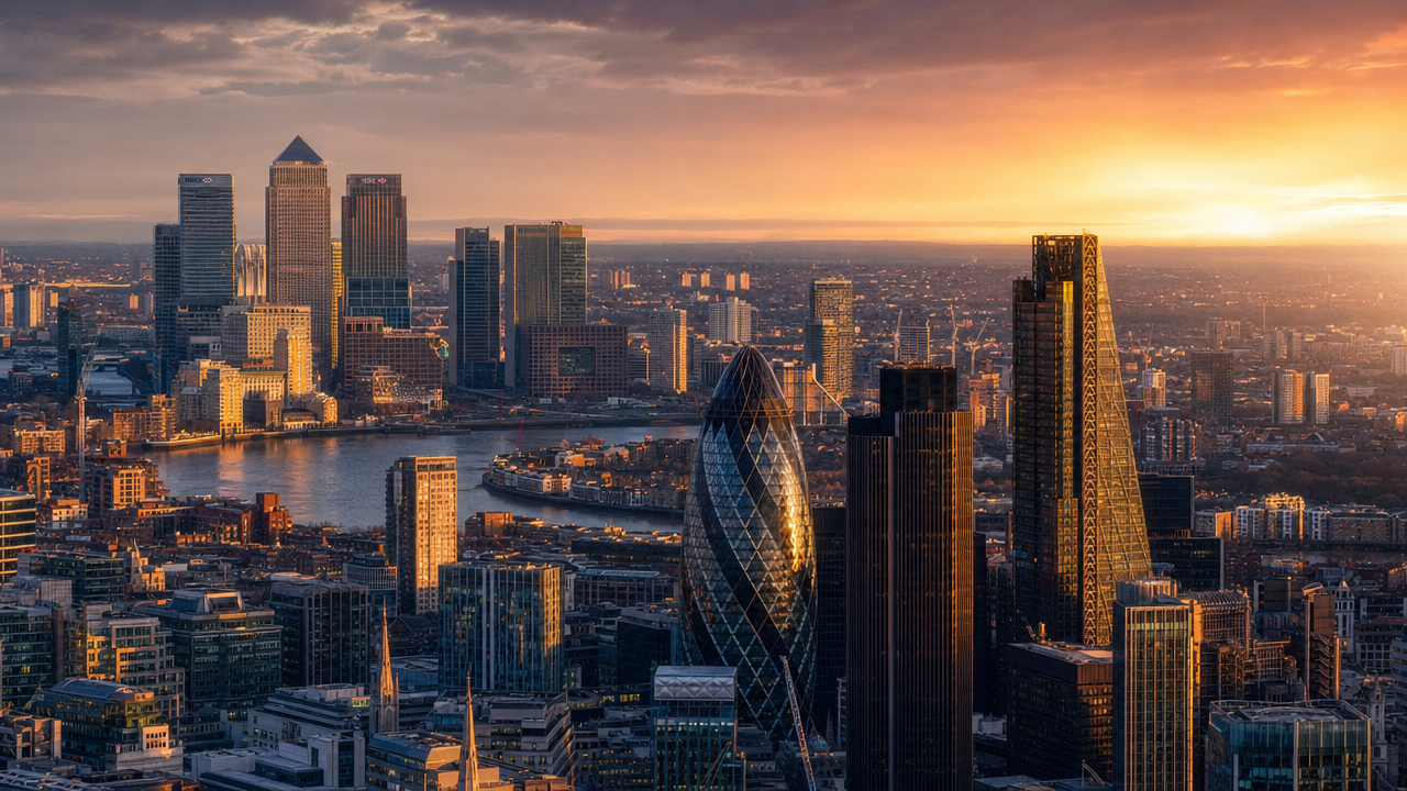 London financial district skyline at dusk