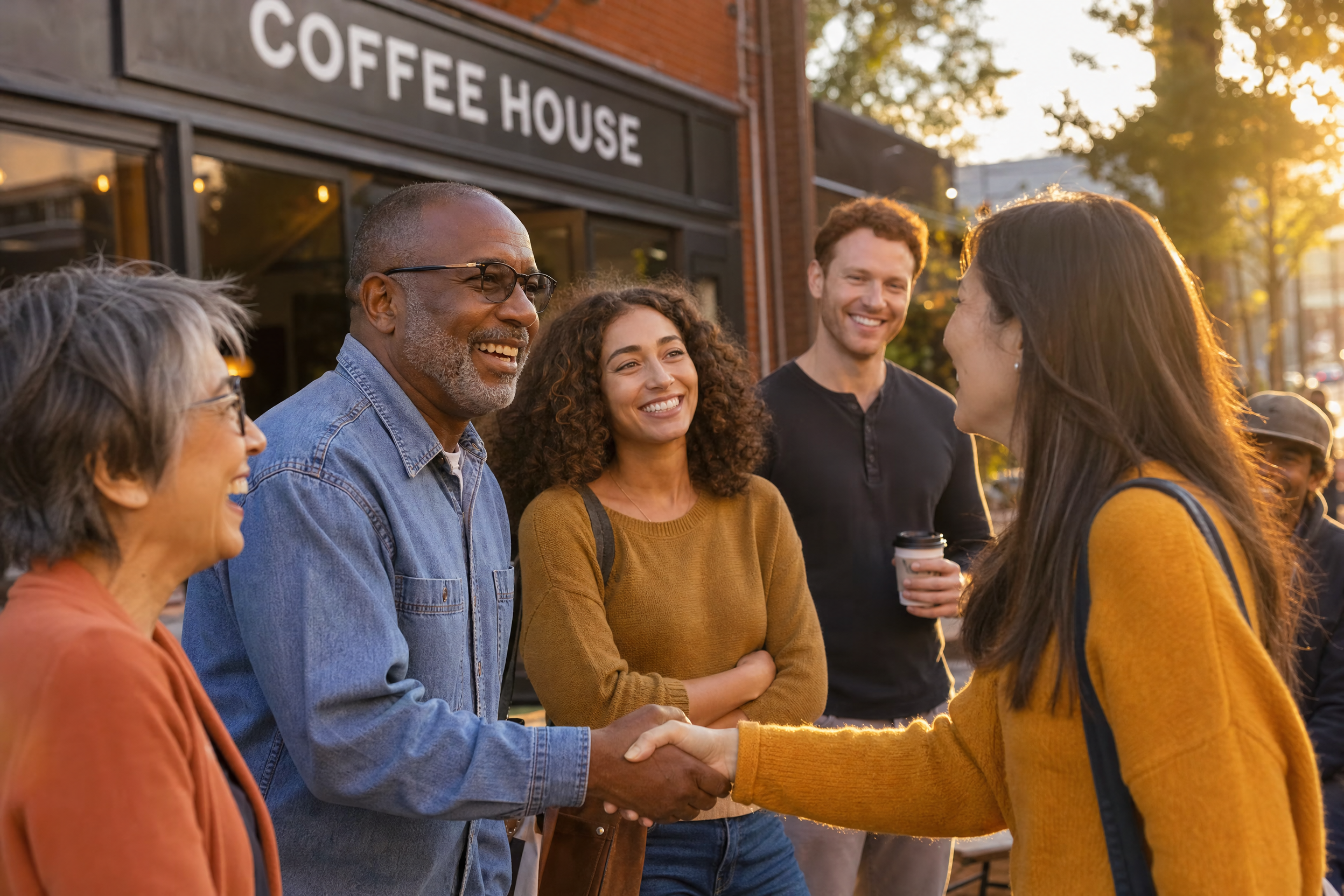 Neighbors connecting in front of a local cafe
