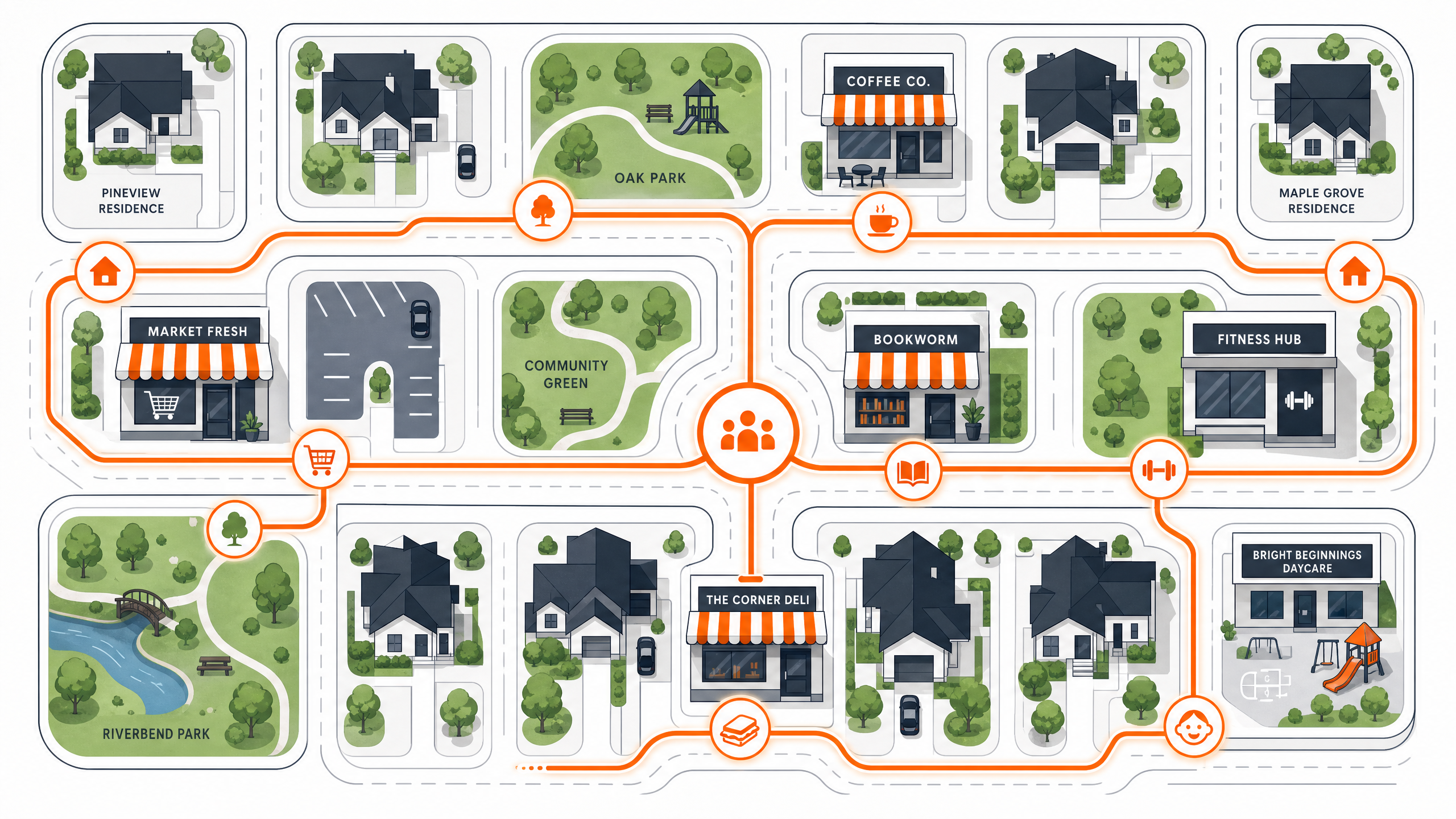 Stylized neighborhood network map illustration