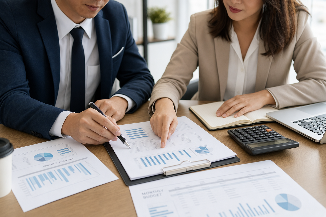 Two professionals reviewing financial documents