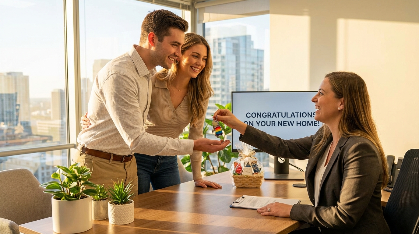 Best home loan first time buyer - young couple receiving house keys