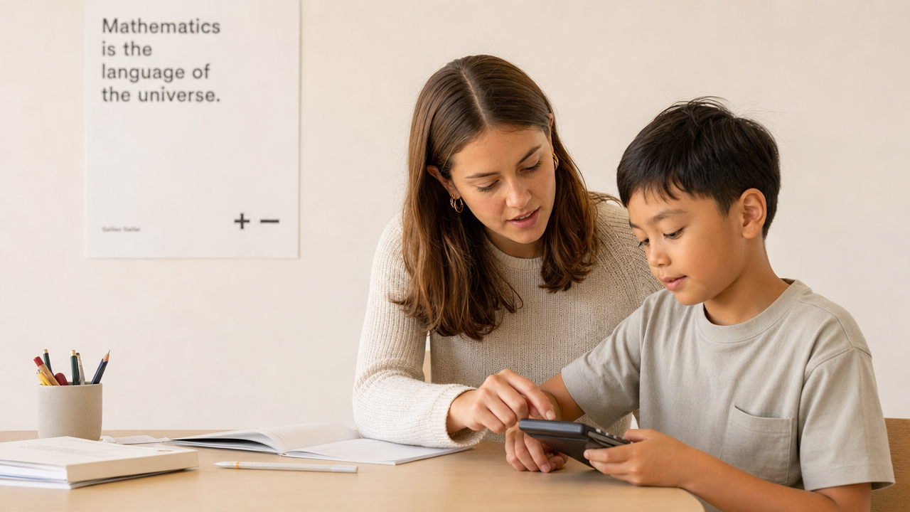 A teacher guiding an elementary student through basic math computation skills using a calculator