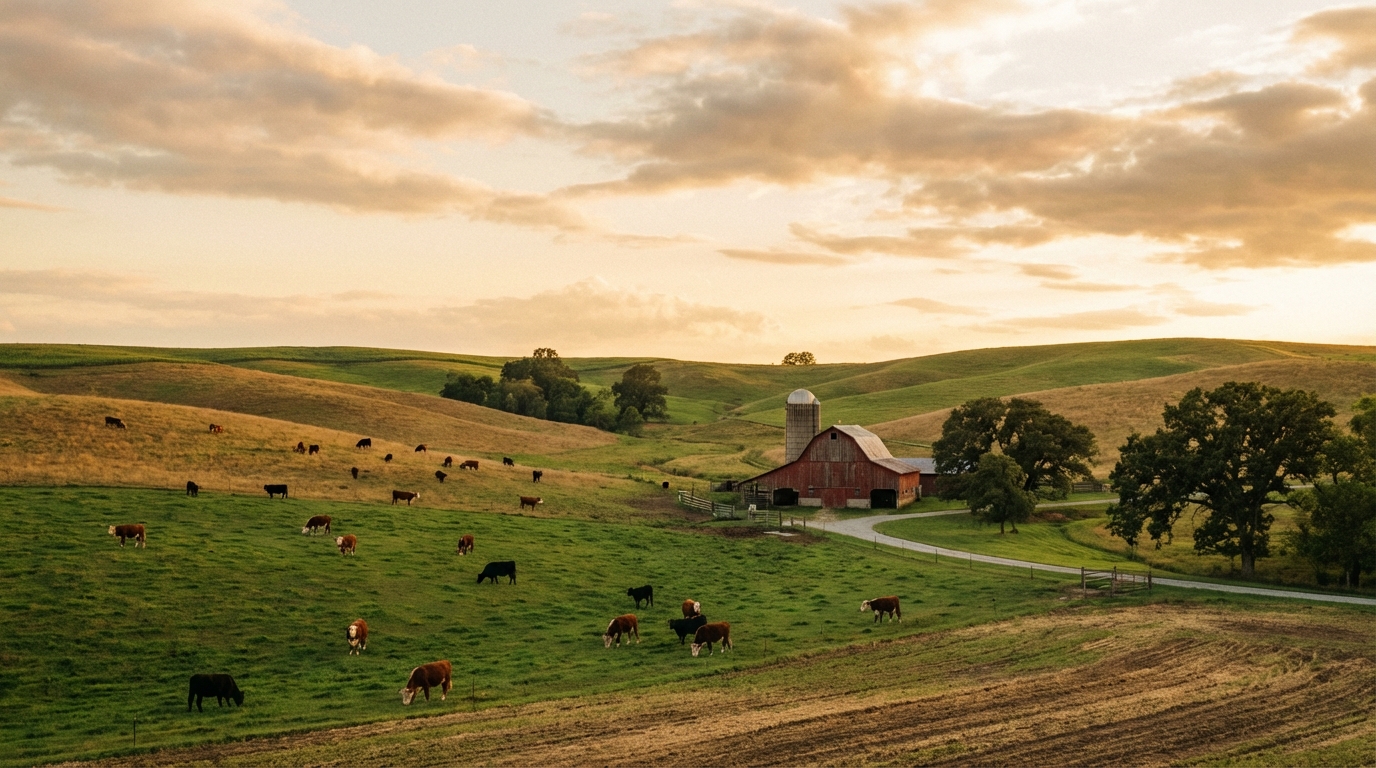 Pastoral farm landscape with cattle grazing at golden hour