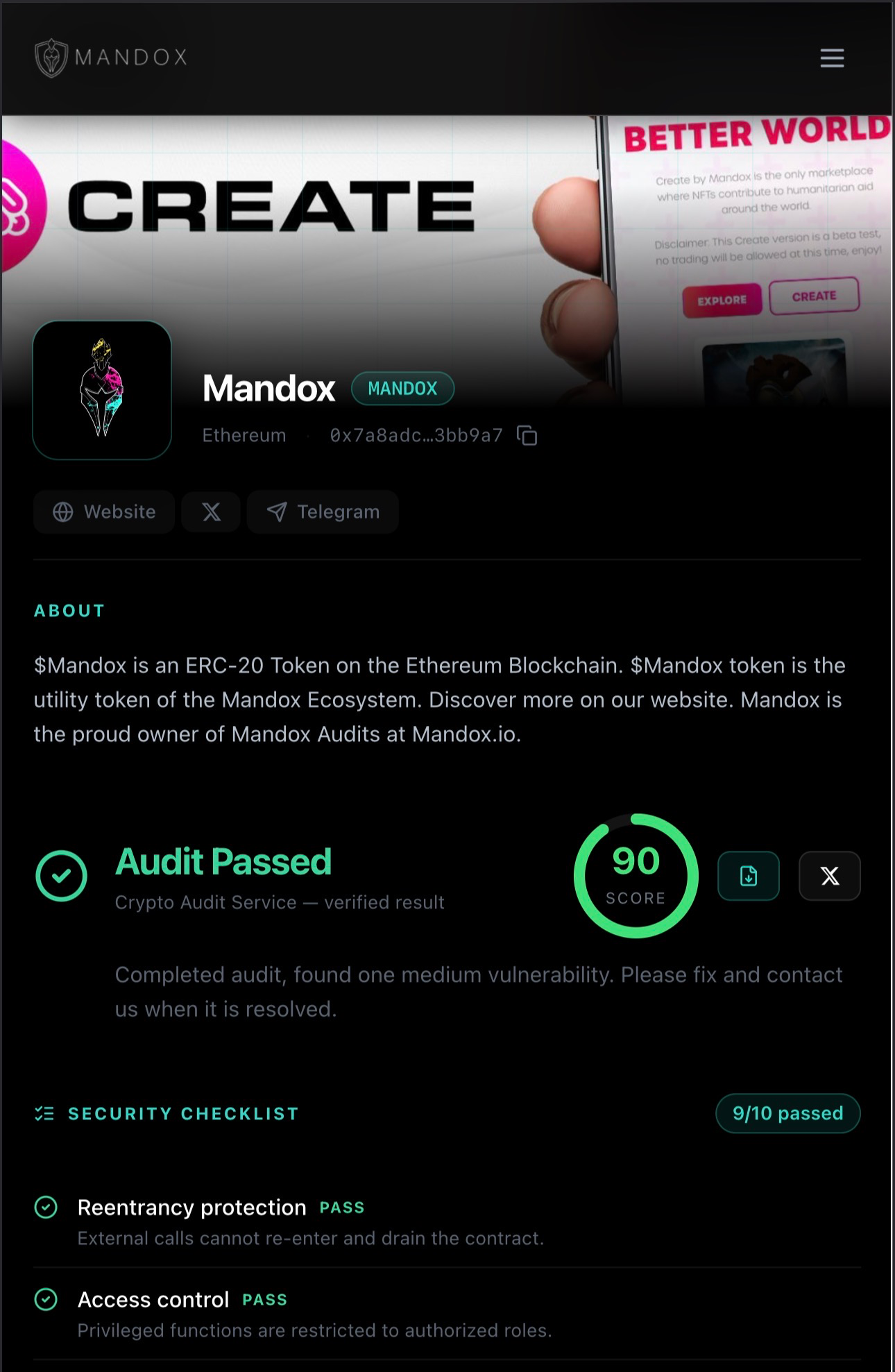 Example audit profile showing Mandox with a 90/100 security score, Audit Passed verdict, and security checklist