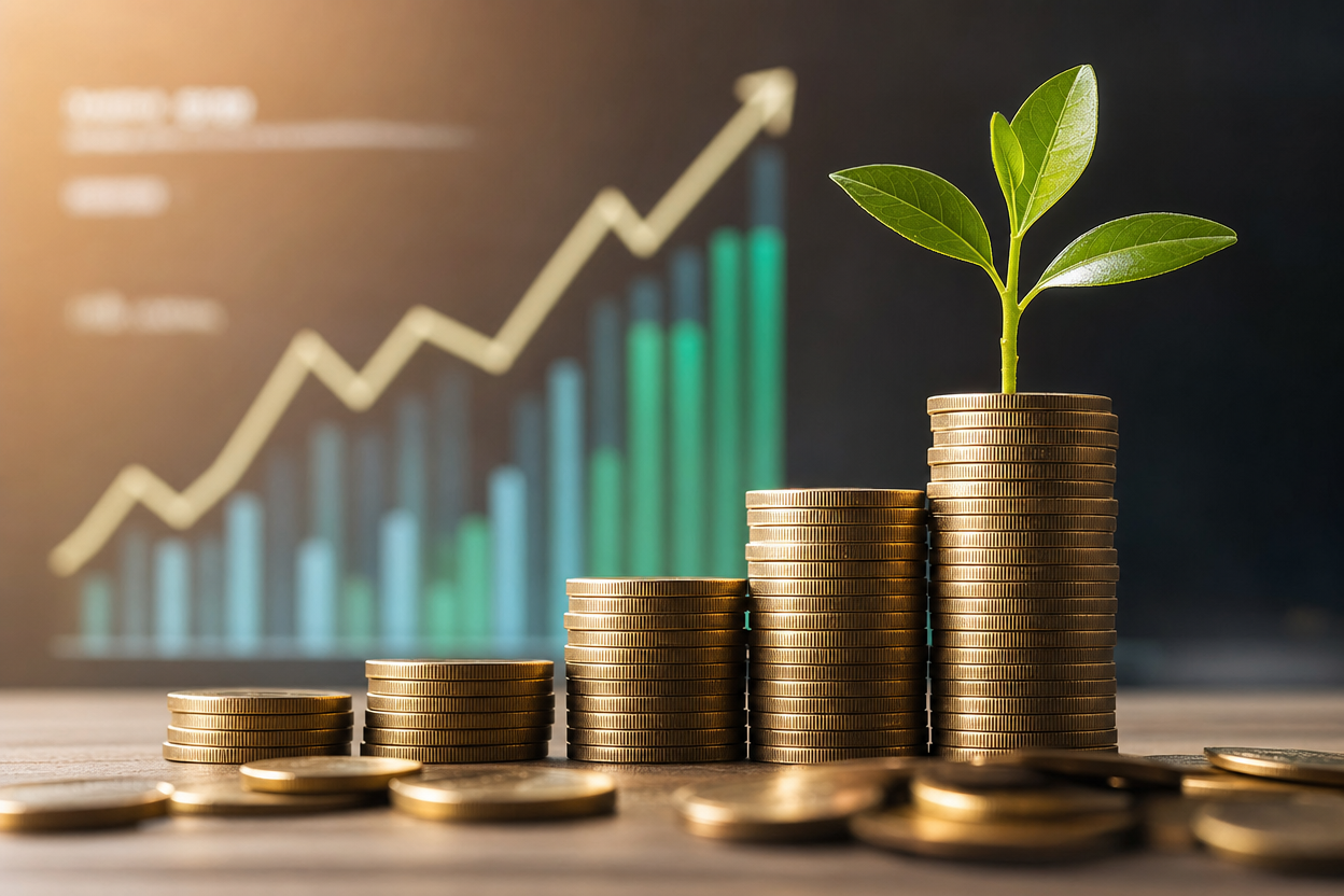 Rising stack of coins with a growing plant