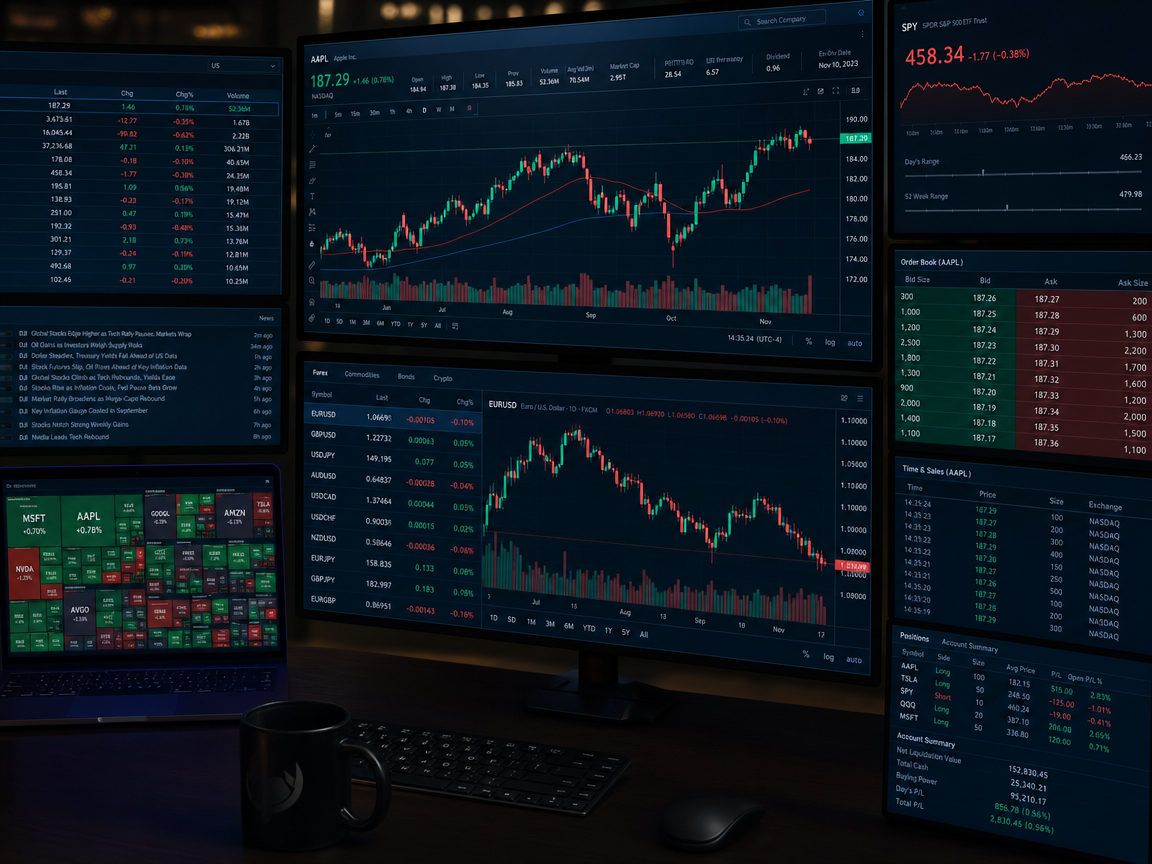 Financial trading charts on multiple screens