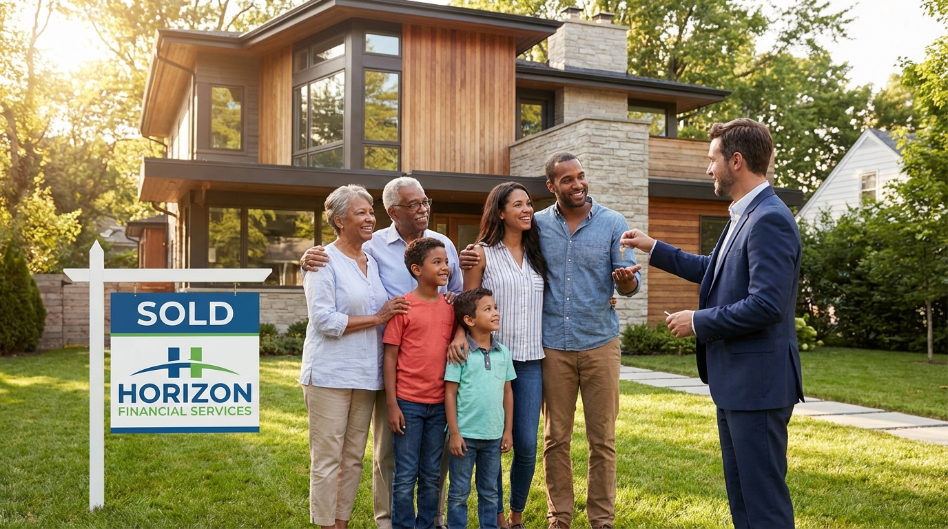 Best mortgage rates - happy family in front of their new home